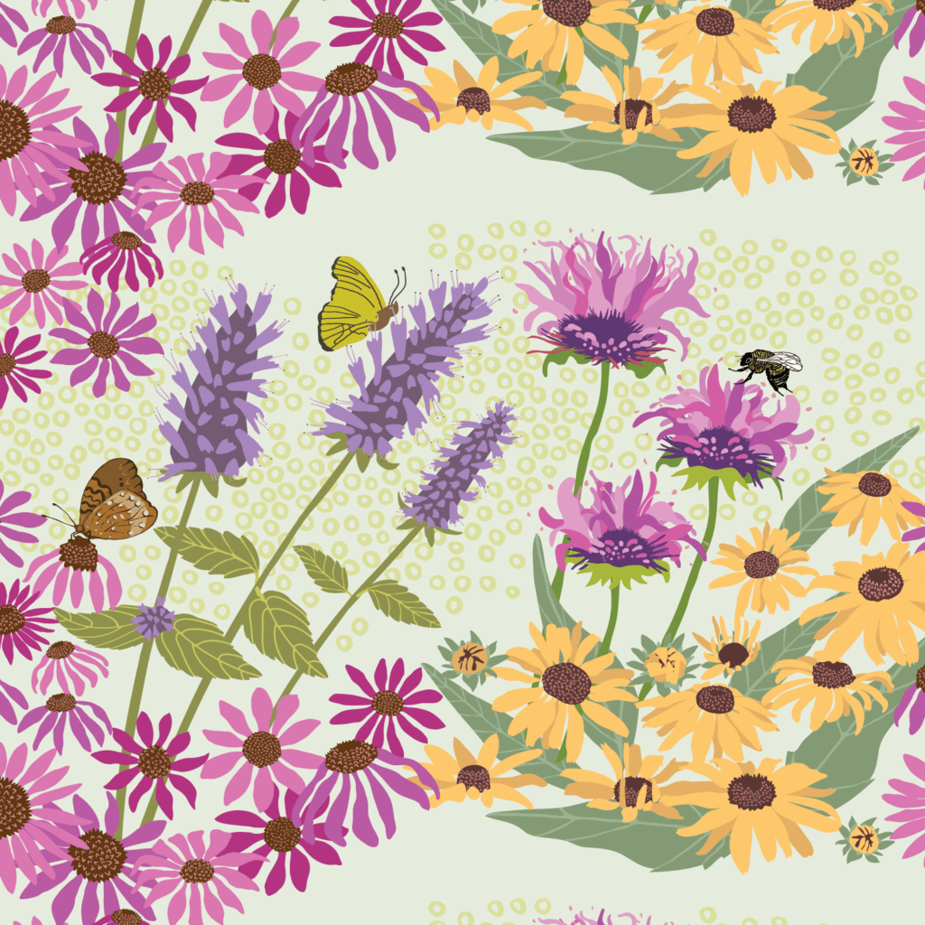 Surface pattern design for fabric of flowers and butterflies in a garden